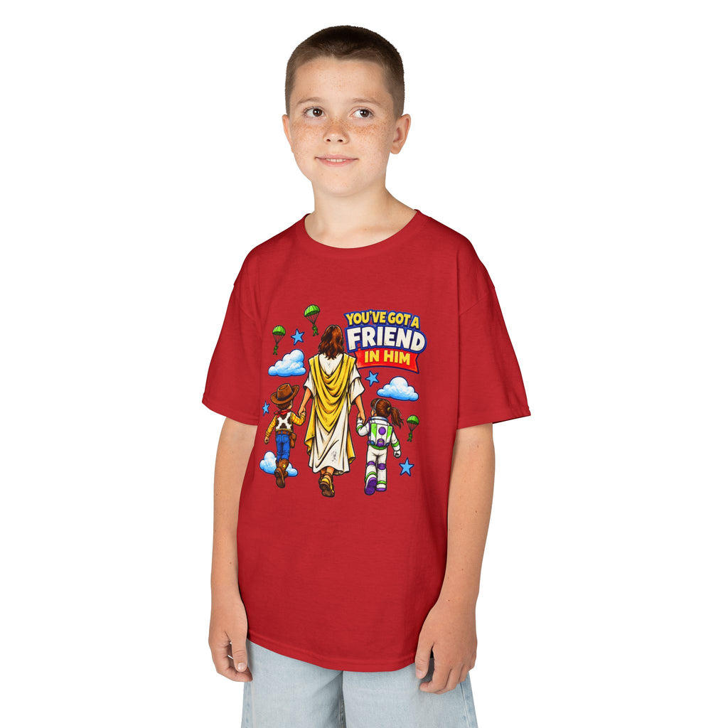 Kids Tee — "You've Gotta Friend in Him" Inspirational Jesus & Toy Friends Graphic