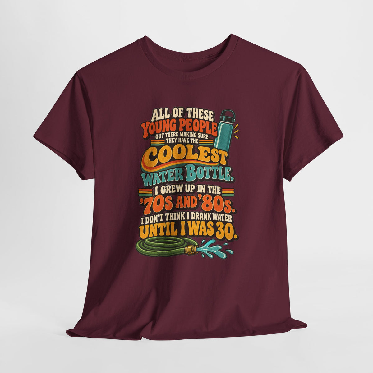 Retro 70s-80s Funny Water Bottle Tee — "Coolest Water Bottle" Graphic T-Shirt