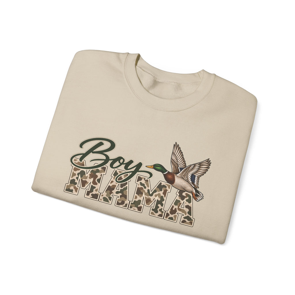 Boy Mama Crewneck Sweatshirt — Camo Lettering with Flying Duck