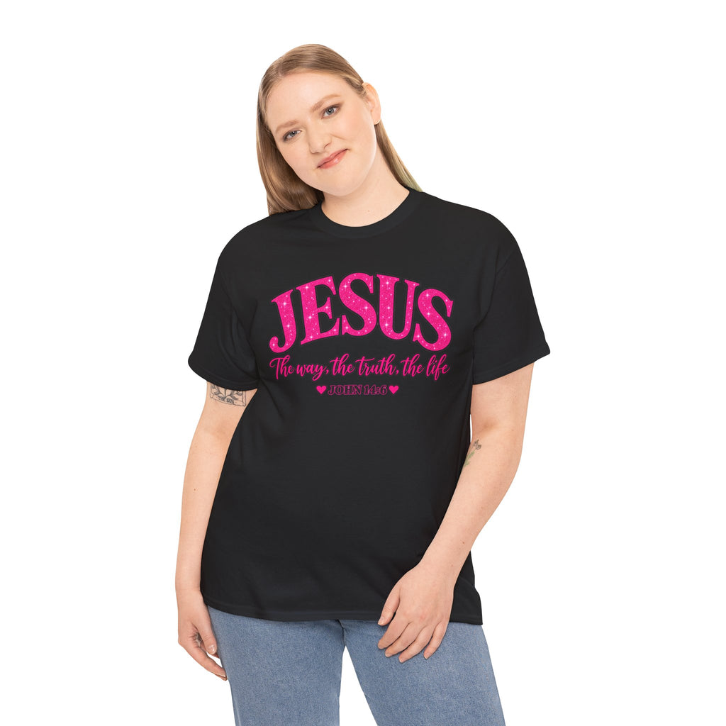 Christian T-Shirt — "JESUS The way, the truth, the life" (John 14:6) Pink Vintage Script