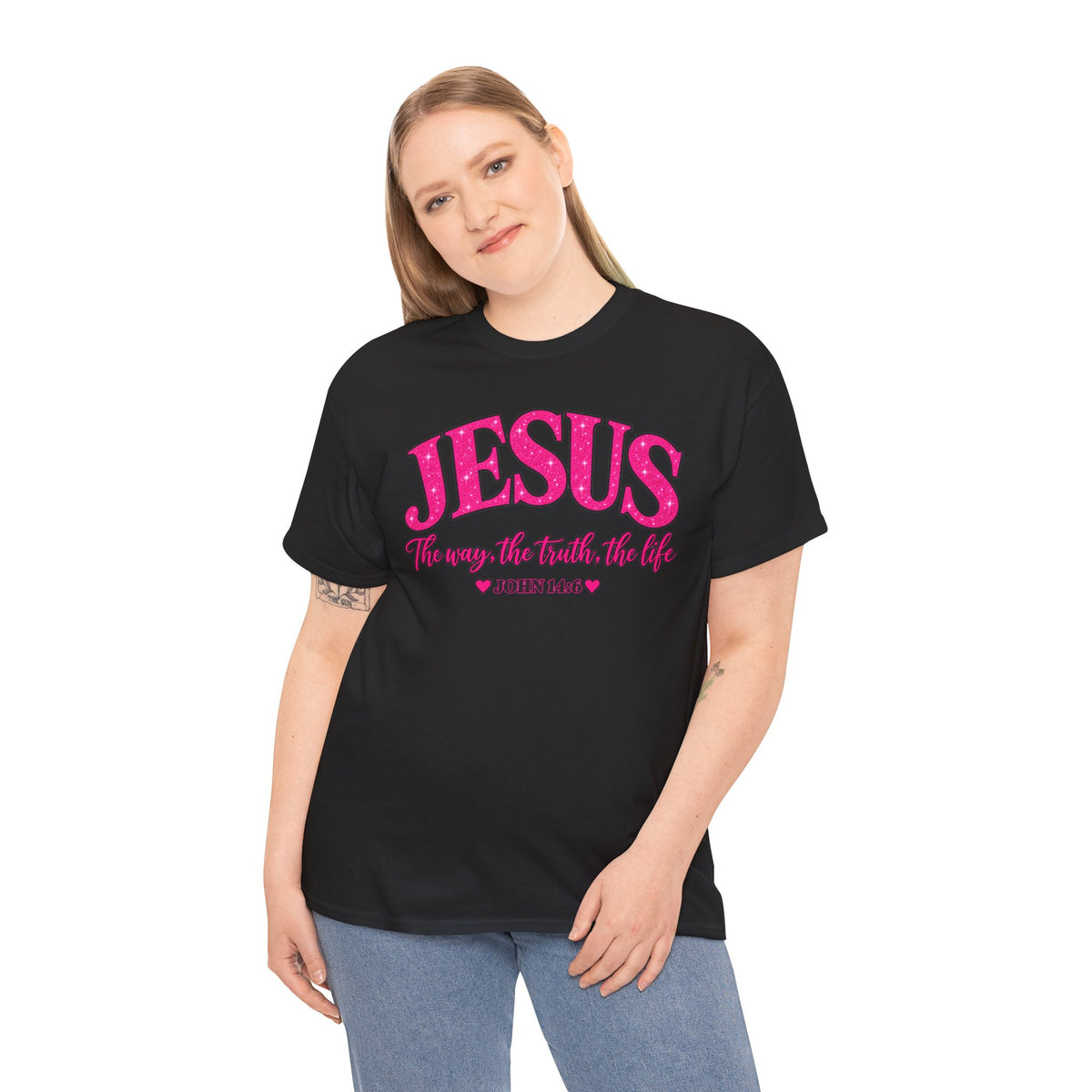 Christian T-Shirt — "JESUS The way, the truth, the life" (John 14:6) Pink Vintage Script