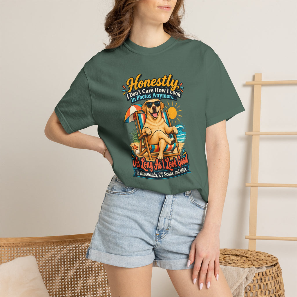 Honestly I Don’t Care How I Look In Photos Anymore T-Shirt — Funny Beach Dog Graphic Tee