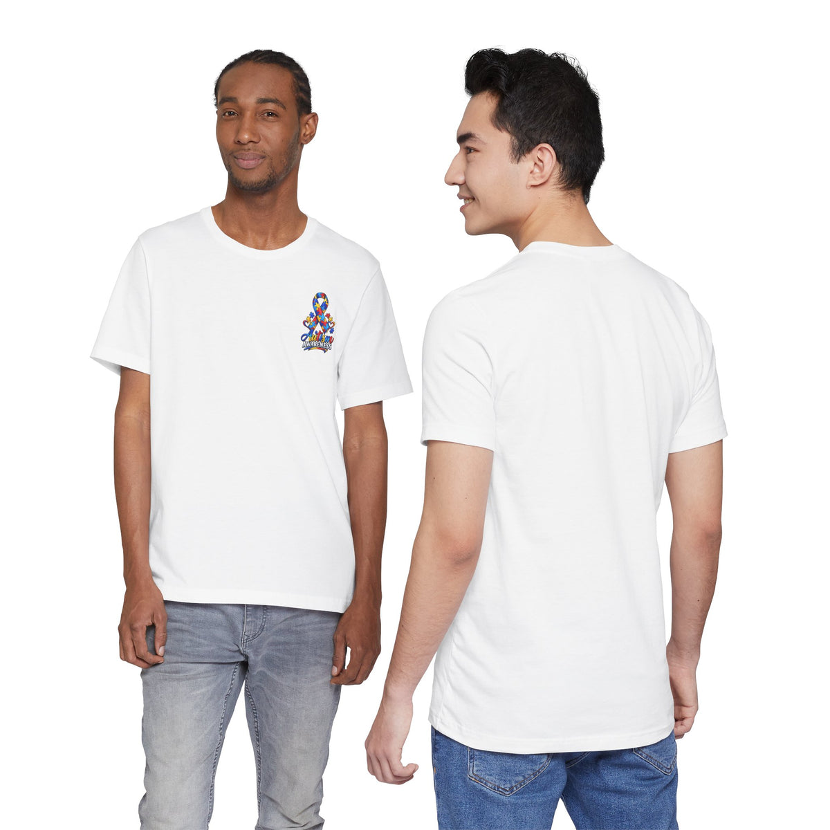 Autism Awareness Ribbon Chest Tee — 'Different, Not Less' Short Sleeve T-Shirt
