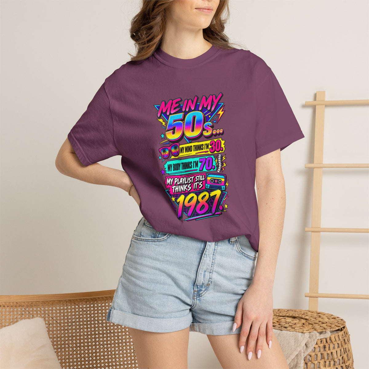 50th Birthday T-Shirt — "Me in My 50s... My Playlist Still Thinks It’s 1987" Retro Graphic Tee