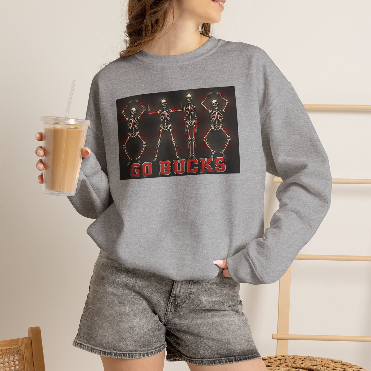 Crewneck Sweatshirt — 'Go Bucks' Dance Skeletons Graphic