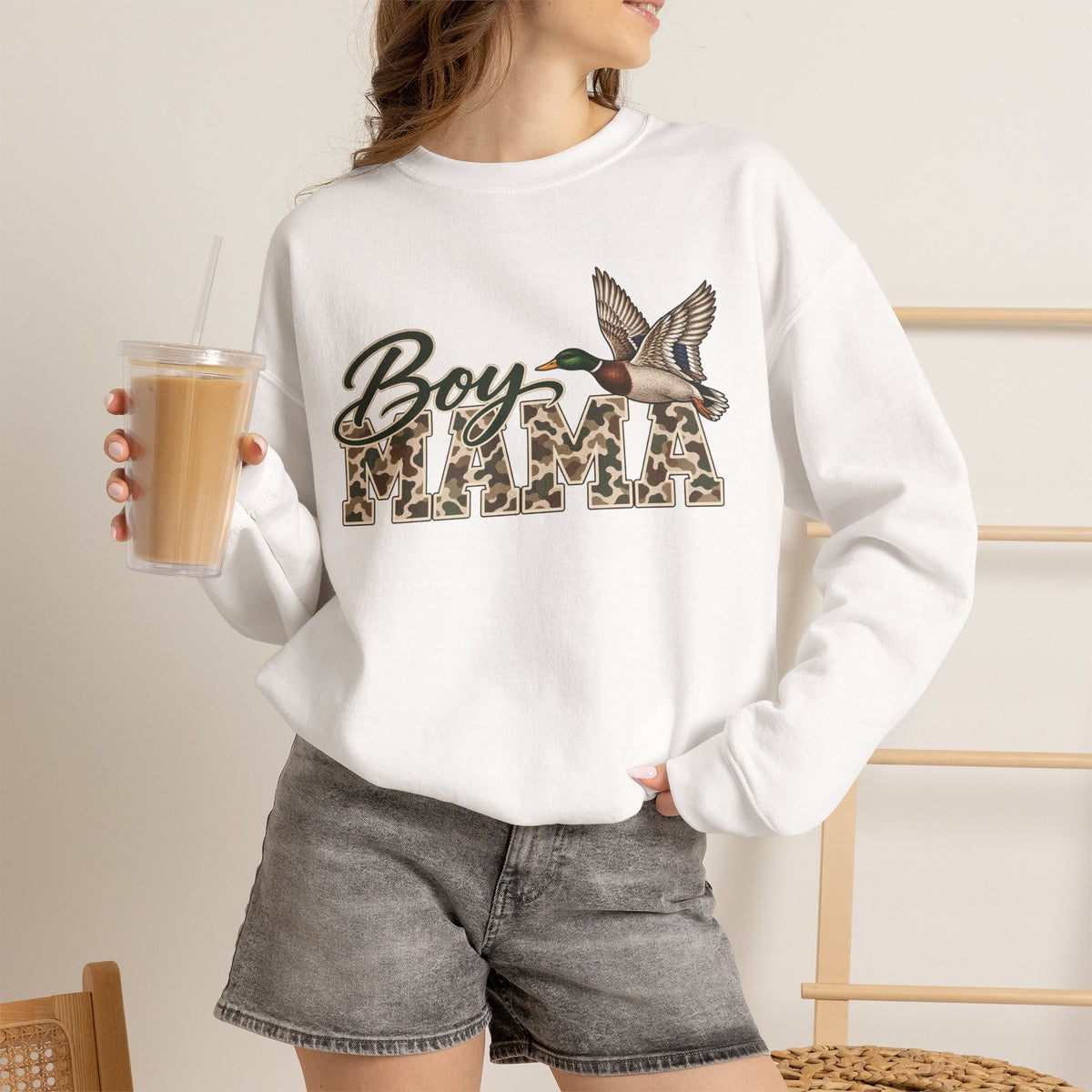 Boy Mama Crewneck Sweatshirt — Camo Lettering with Flying Duck