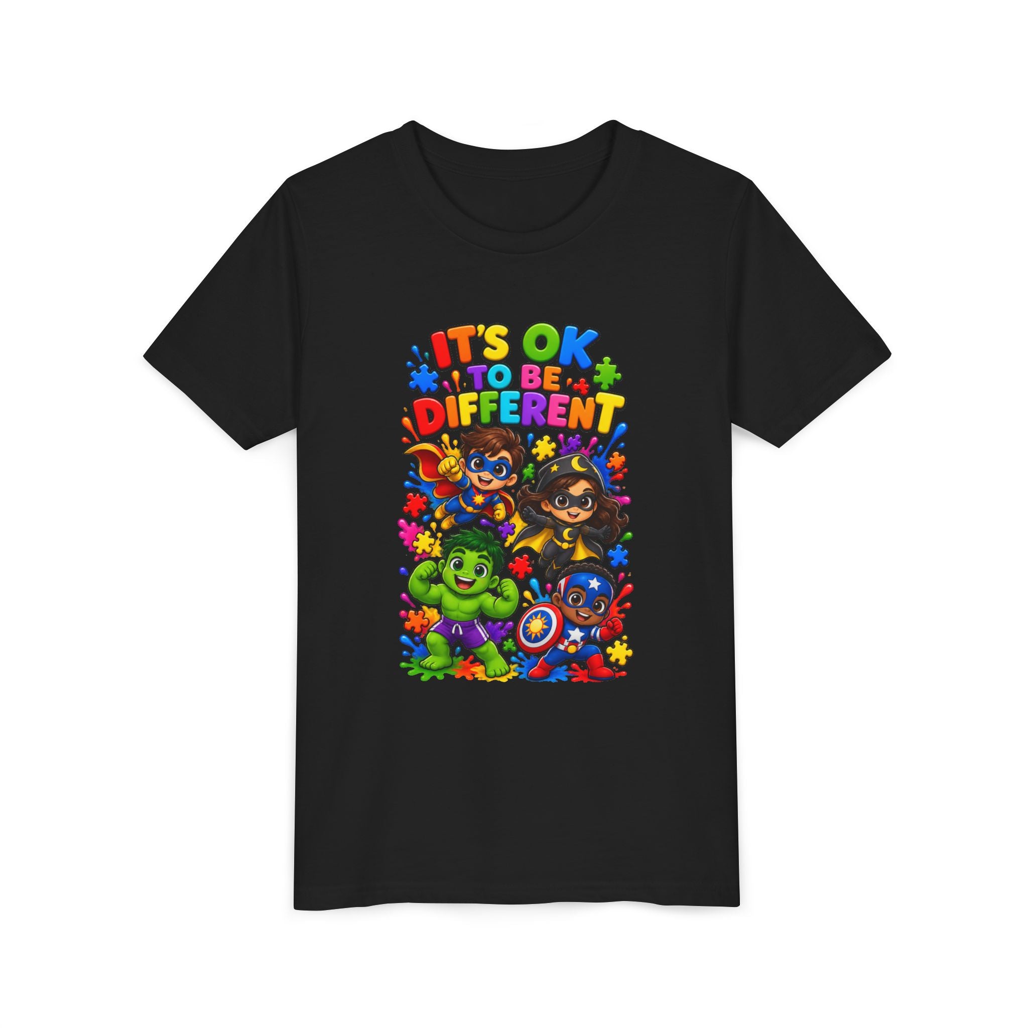 Kids T-Shirt — "It's OK to Be Different" Colorful Superhero Diversity Tee