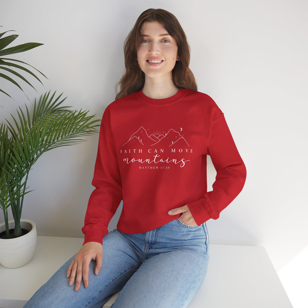 Faith Can Move Mountains Crewneck Sweatshirt — Matthew 17:20 Christian Mountain Design