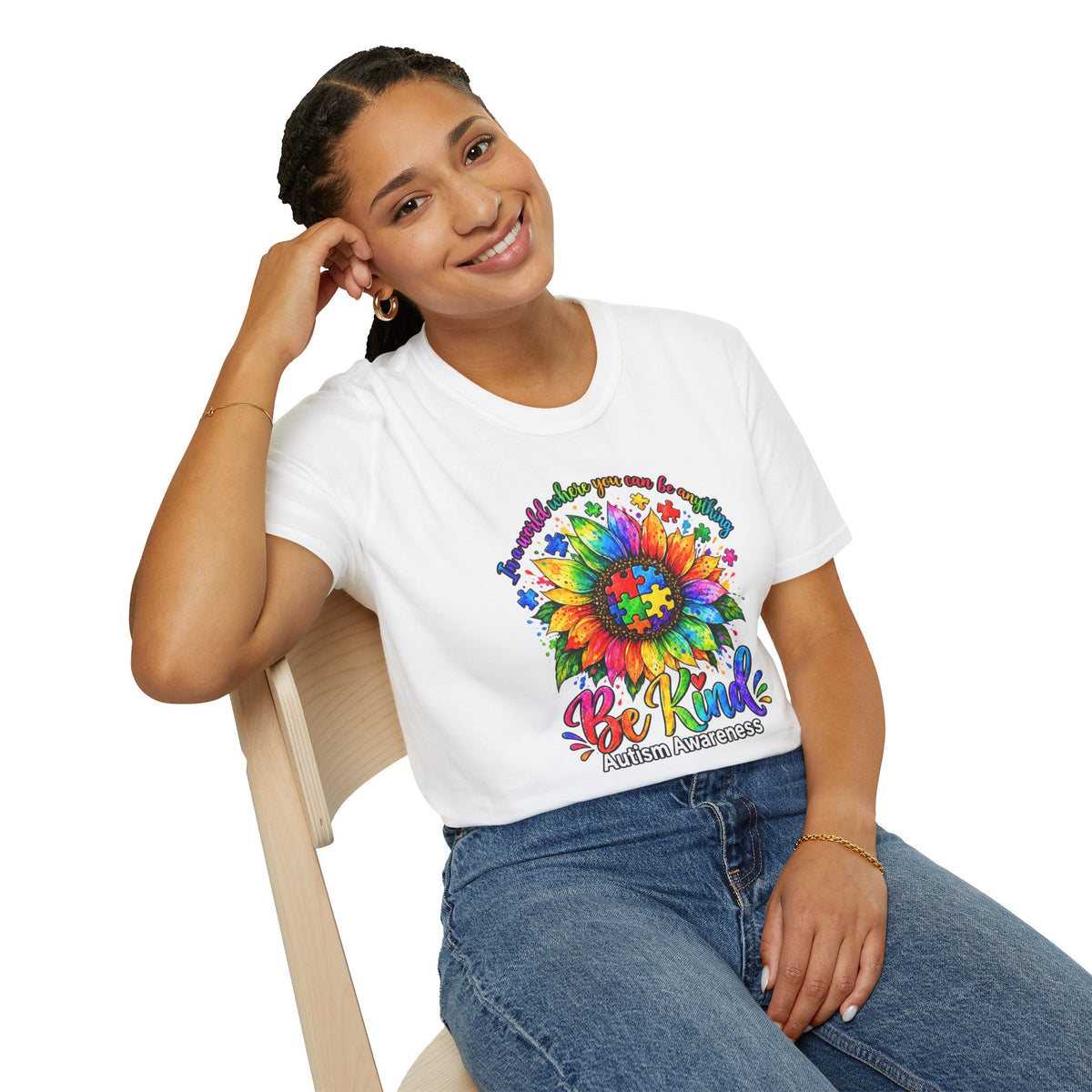 Autism Awareness Sunflower T-Shirt — 'Be Kind' Rainbow Puzzle Design