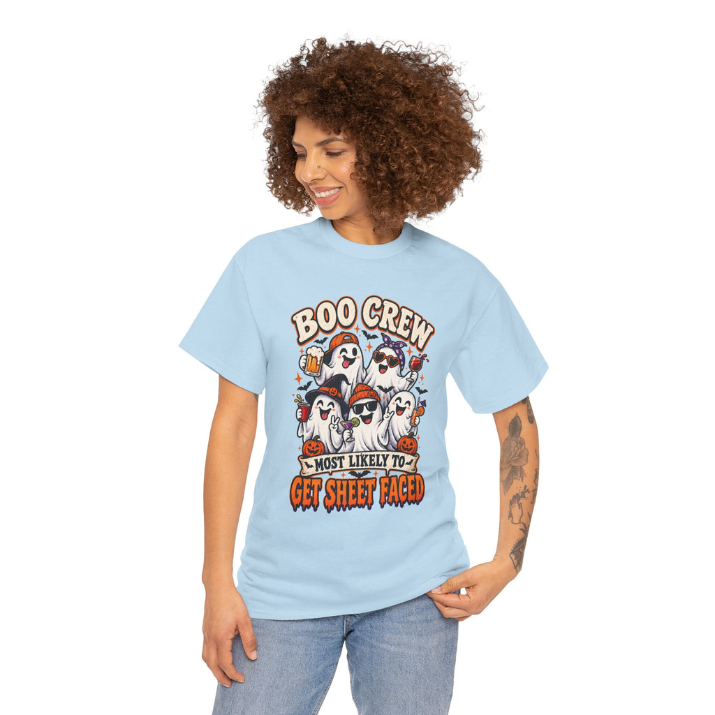 Boo Crew Halloween T-Shirt — “Most Likely to Get Sheet Faced” Funny Ghost Party Tee