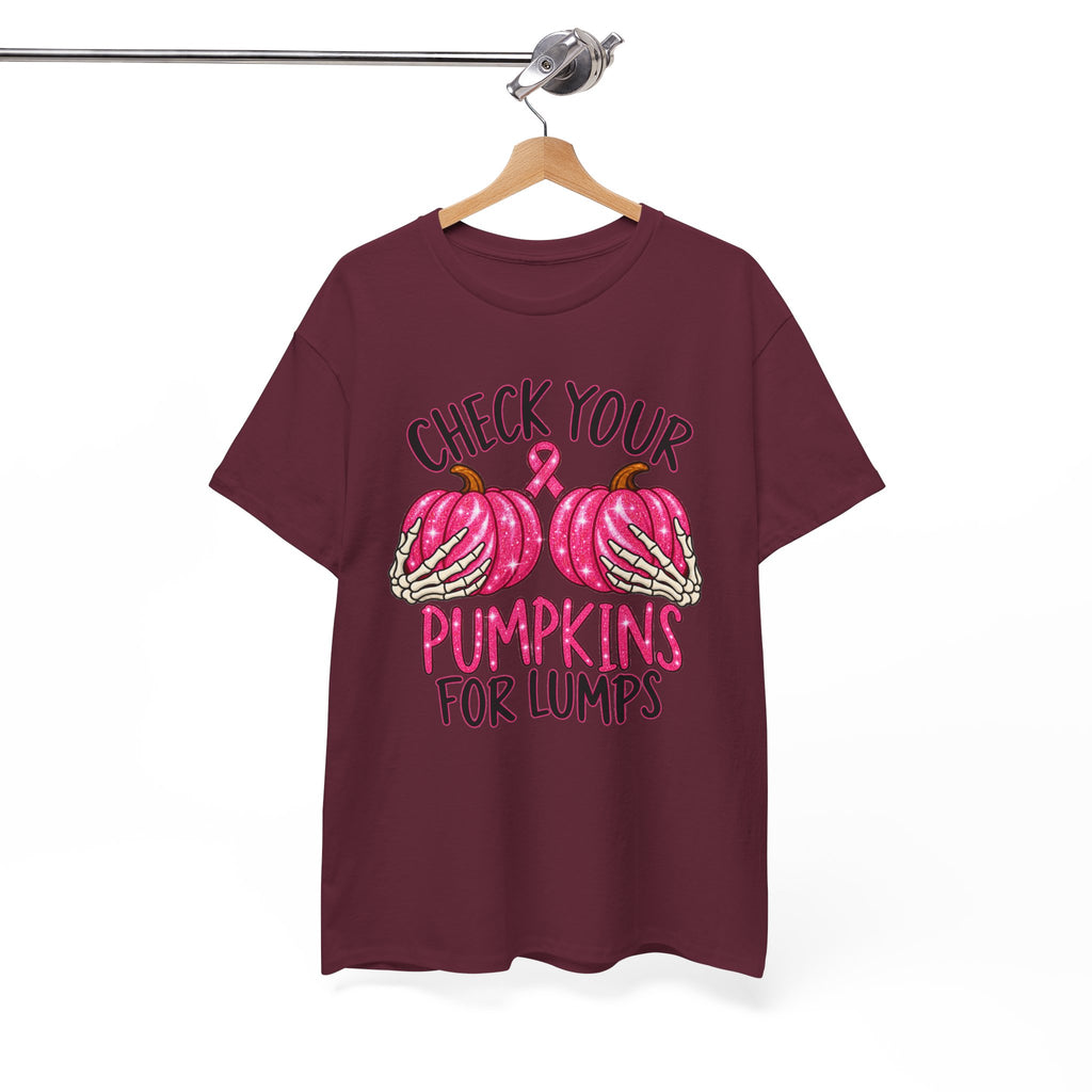Breast Cancer Awareness T-Shirt — "Check Your Pumpkins for Lumps" Pink Ribbon Tee