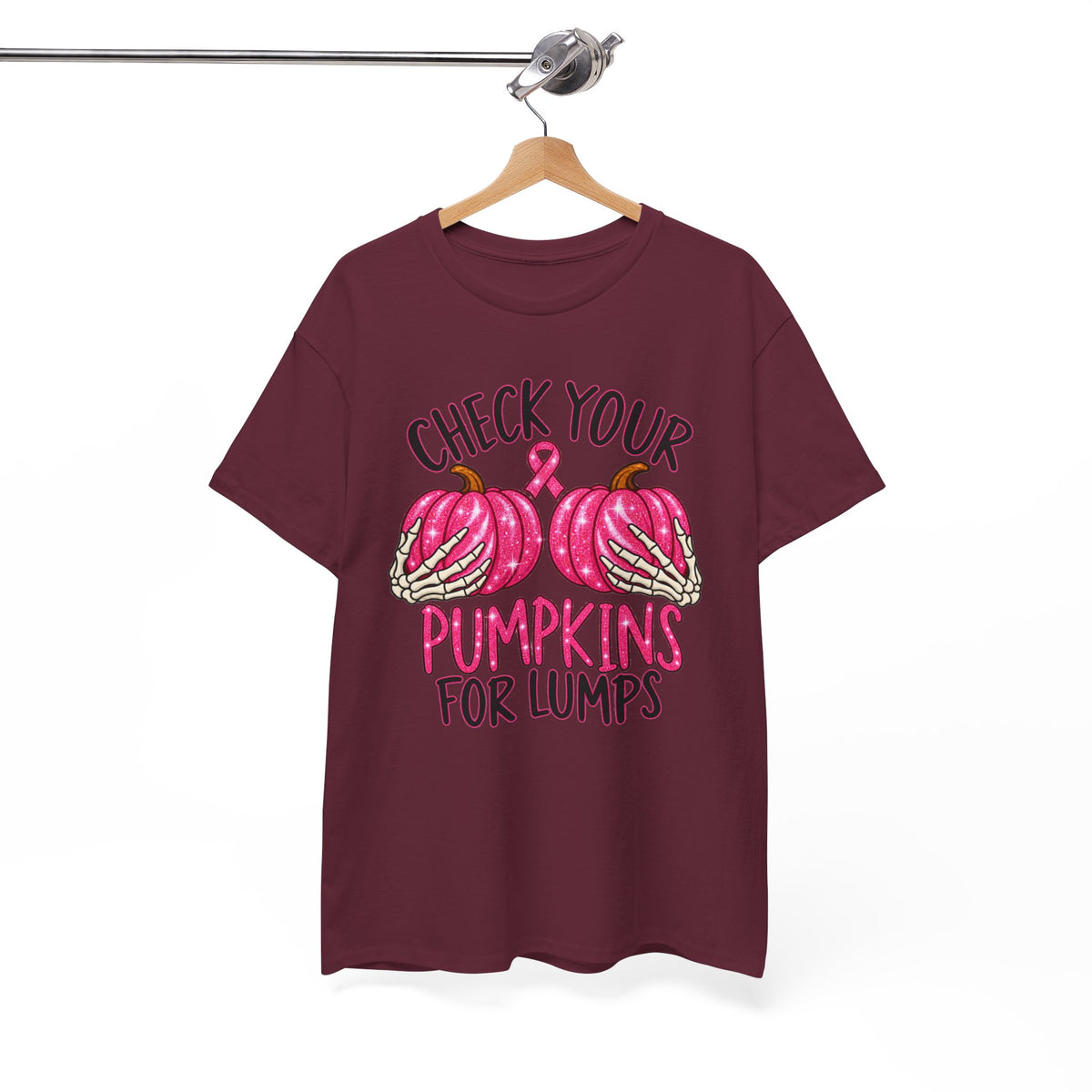 Breast Cancer Awareness T-Shirt — "Check Your Pumpkins for Lumps" Pink Ribbon Tee