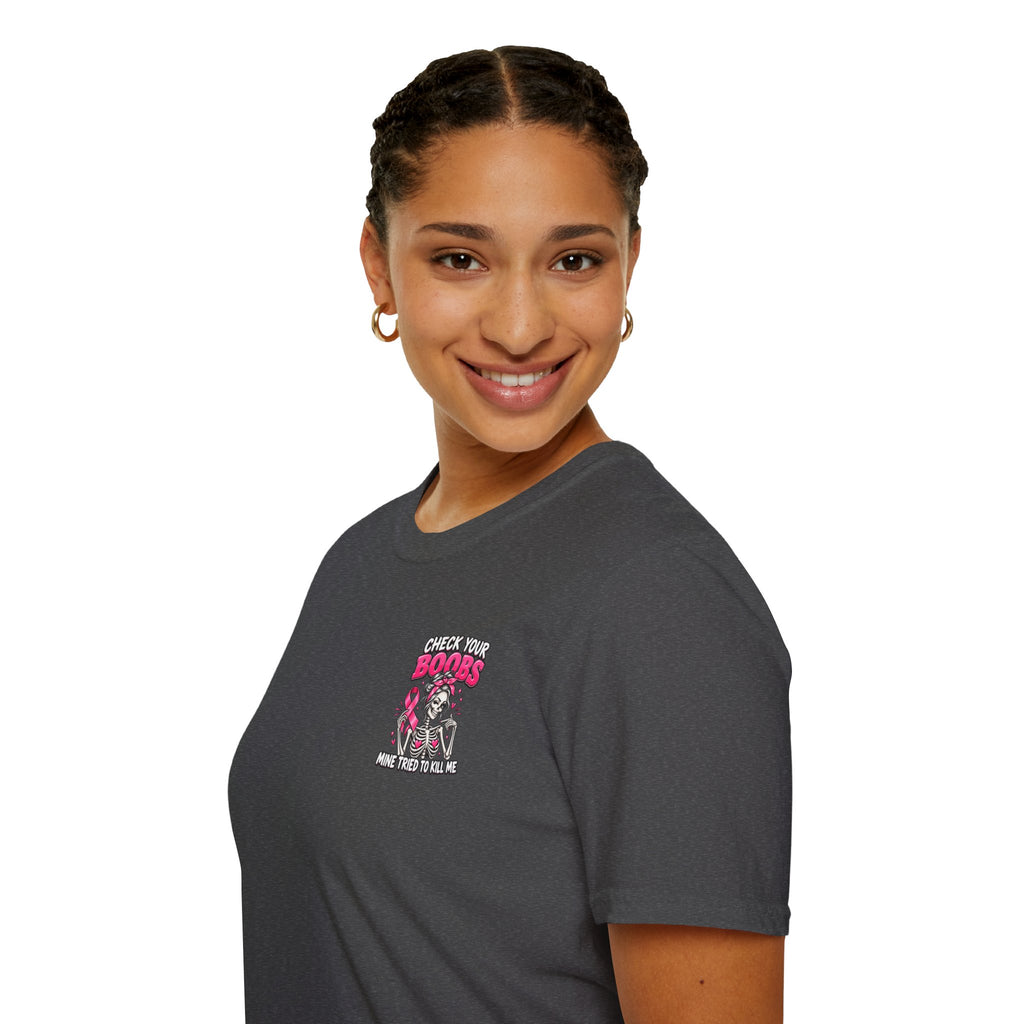 Breast Cancer Awareness T-Shirt — “Check Your Boobs, Mine Tried to Kill Me” Graphic Tee