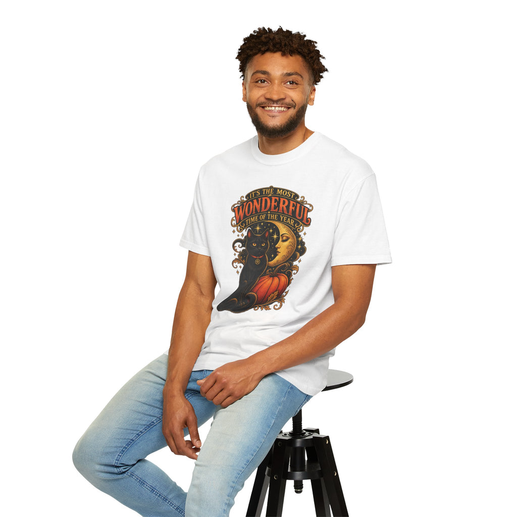 T-Shirt — "It's the Most Wonderful Time of the Year" Halloween Black Cat & Pumpkin