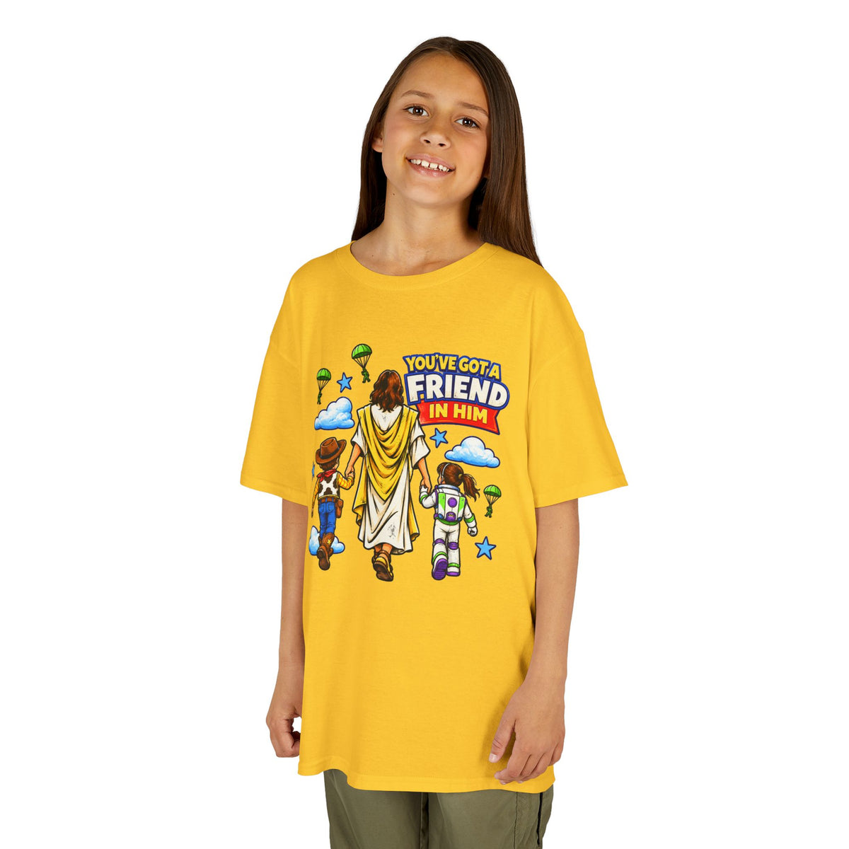 Kids Tee — "You've Gotta Friend in Him" Inspirational Jesus & Toy Friends Graphic