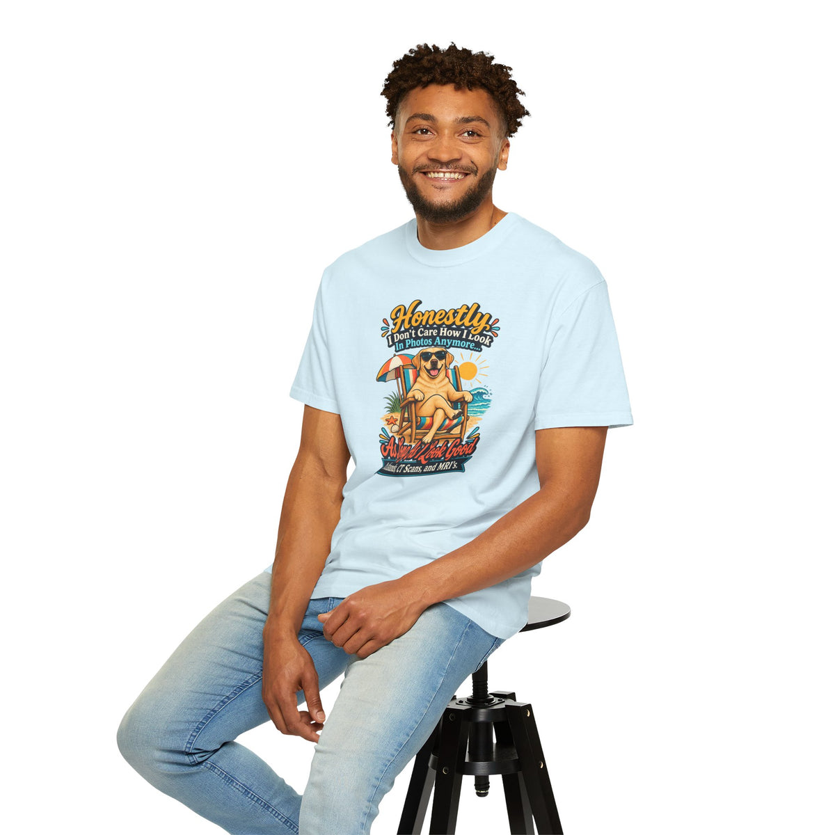 Honestly I Don’t Care How I Look In Photos Anymore T-Shirt — Funny Beach Dog Graphic Tee