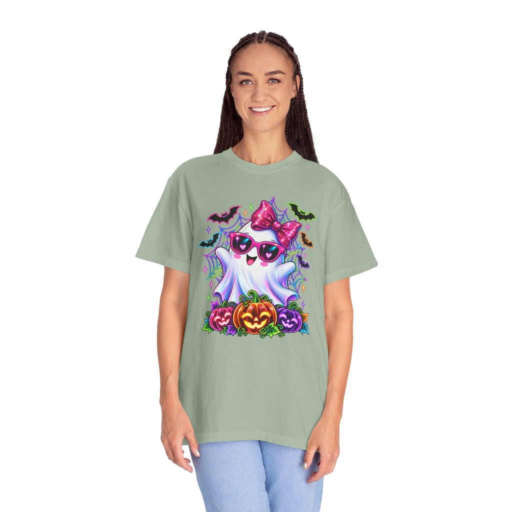 Cute Halloween Ghost T-Shirt — Pink Bow Ghost with Sunglasses & Pumpkins
