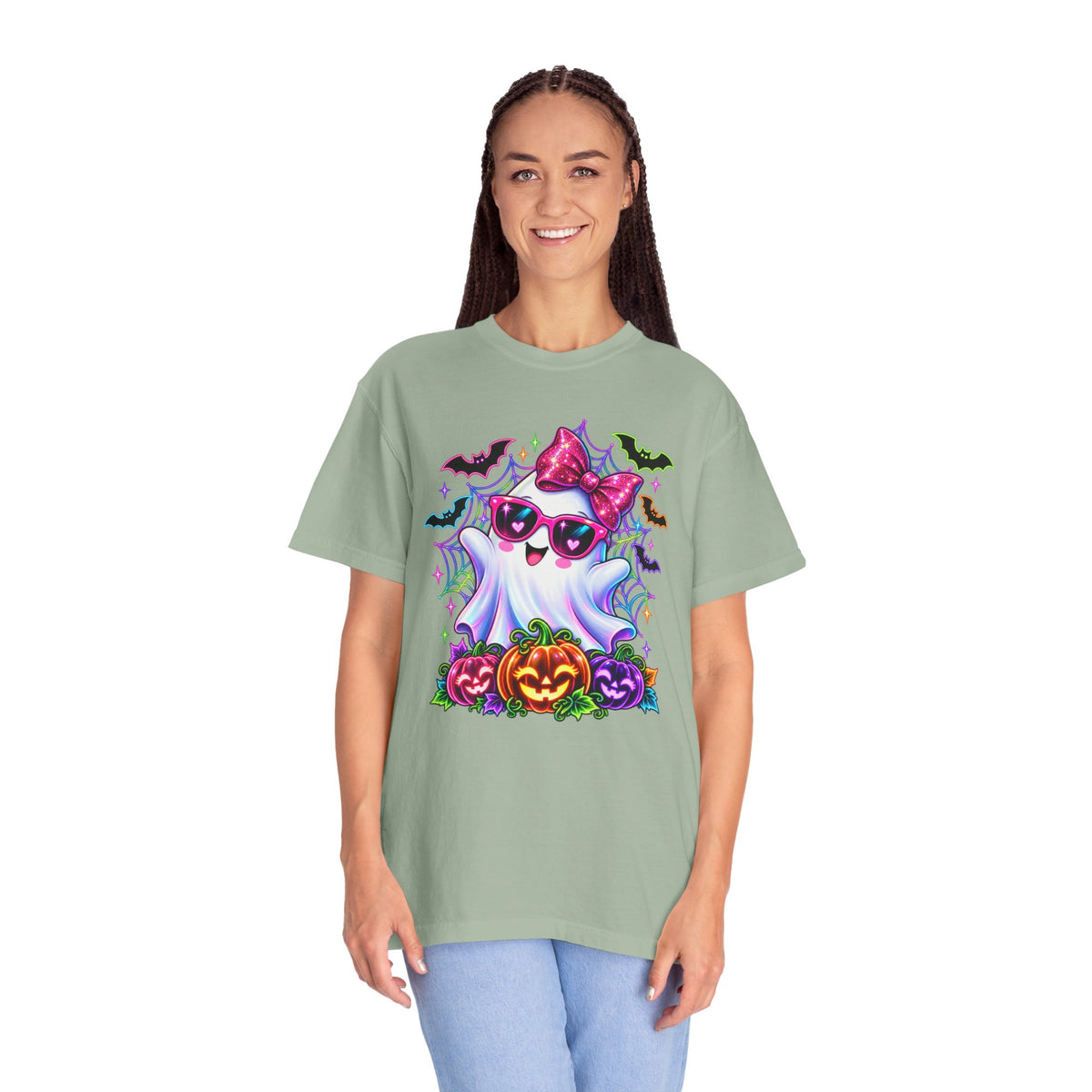 Cute Halloween Ghost T-Shirt — Pink Bow Ghost with Sunglasses & Pumpkins