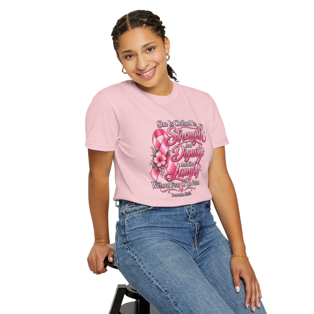Breast Cancer Awareness T-Shirt — "She is Clothed in Strength" Pink Ribbon Tee