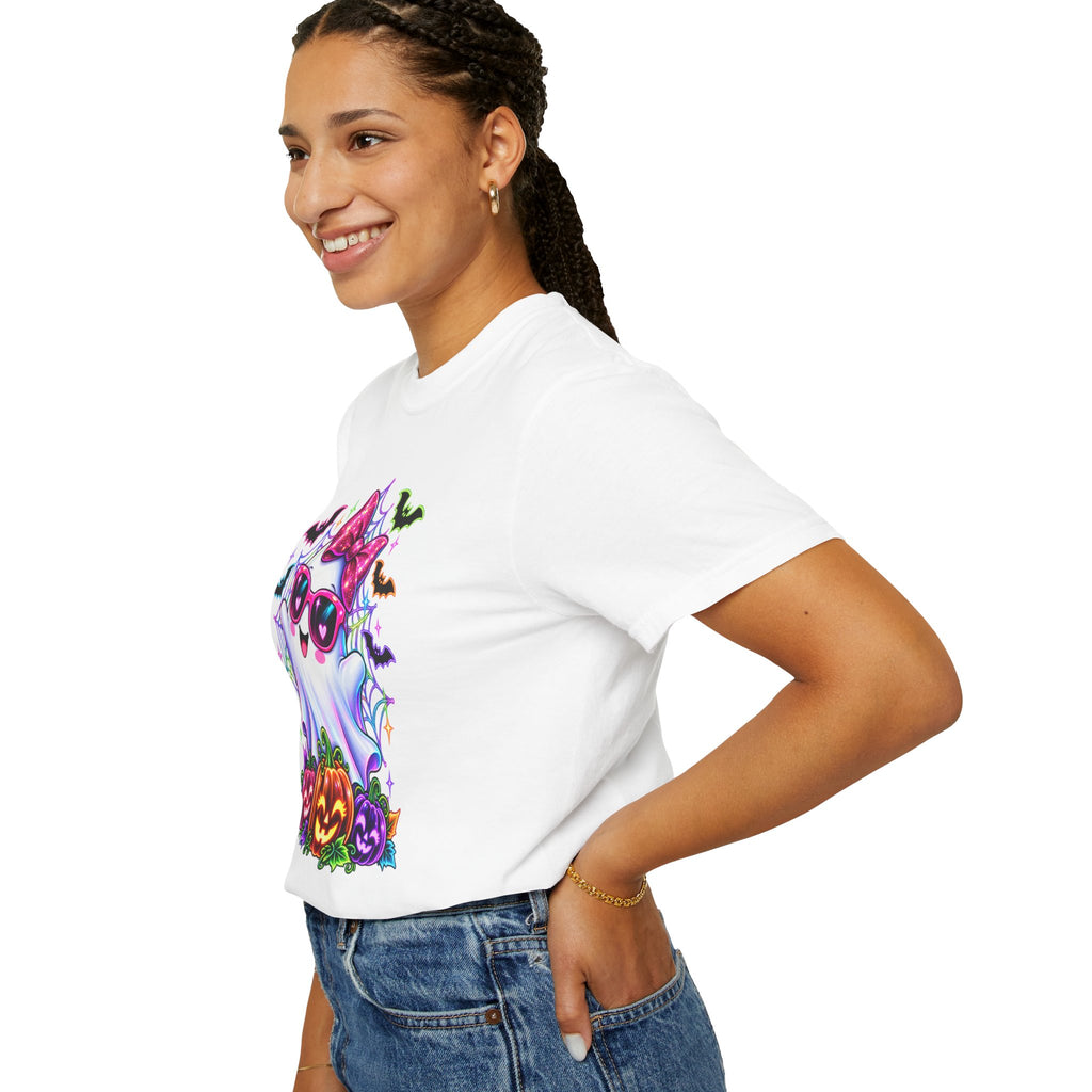 Cute Halloween Ghost T-Shirt — Pink Bow Ghost with Sunglasses & Pumpkins
