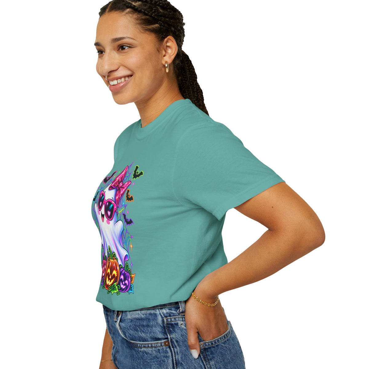 Cute Halloween Ghost T-Shirt — Pink Bow Ghost with Sunglasses & Pumpkins