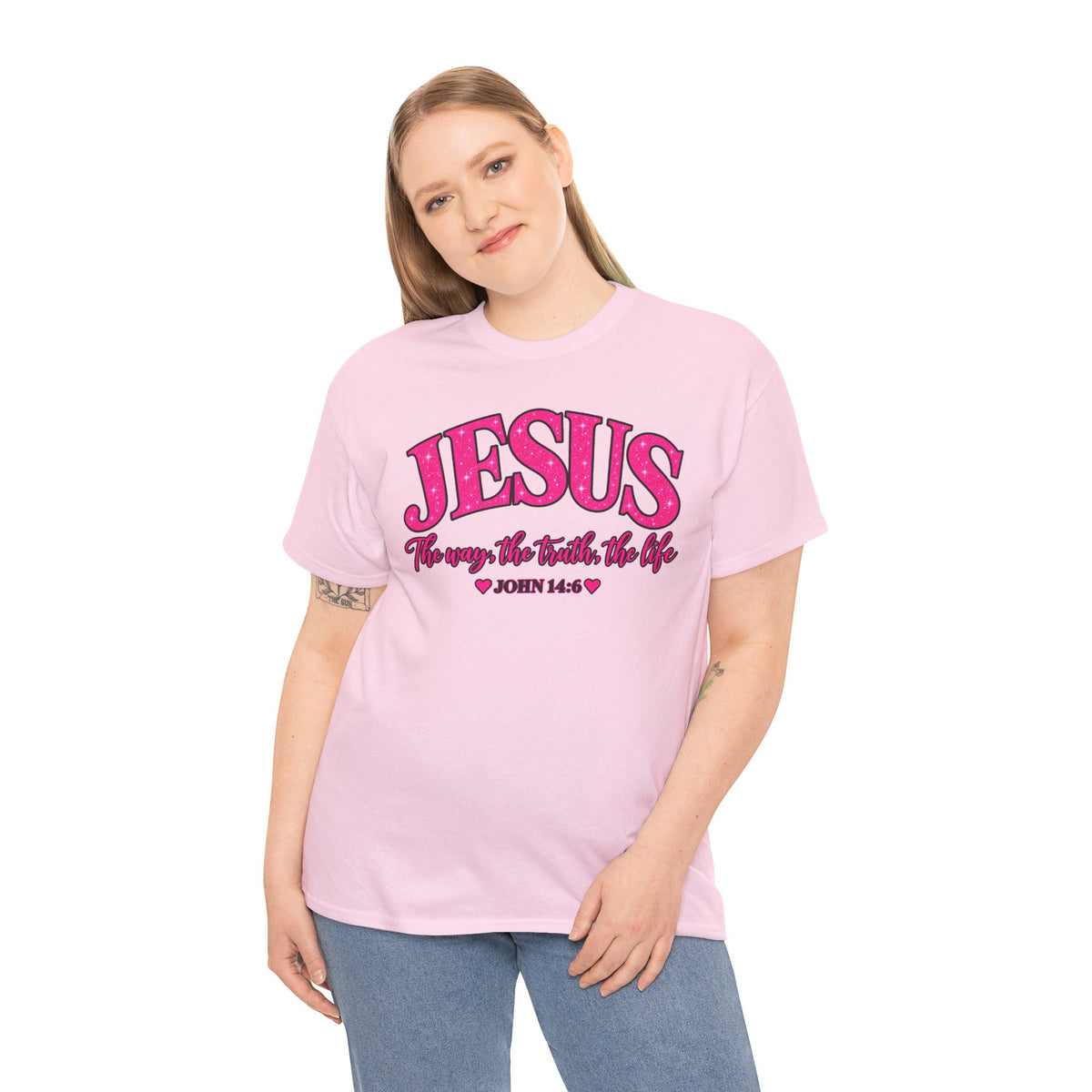 Christian T-Shirt — "JESUS The way, the truth, the life" (John 14:6) Pink Vintage Script