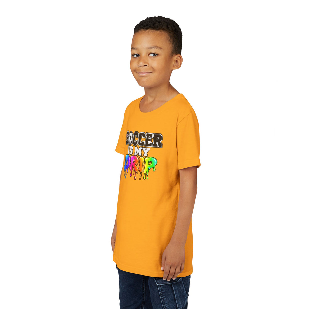 Youth Tee — "Soccer Is My Drip" Colorful Drip Soccer Graphic