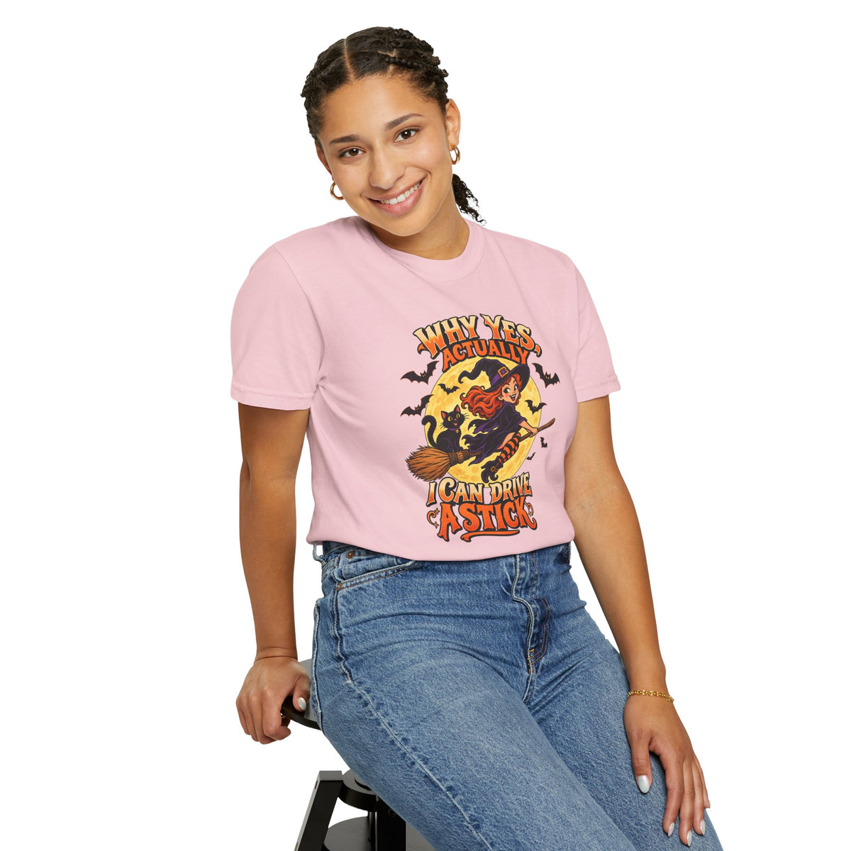 Witch Broom Halloween T-Shirt — "Why Yes Actually I Can Drive A Stick"