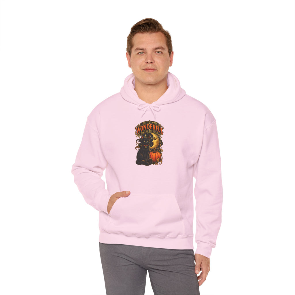 Halloween Black Cat Moon Hoodie – Vintage Pumpkin & Crescent Moon Fall Sweatshirt