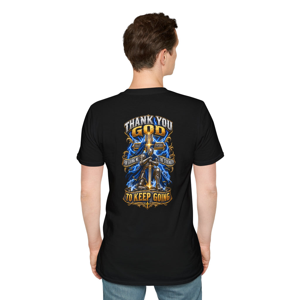 T-Shirt — "Thank You God I Keep Going" Faith Graphic Pocket Tee