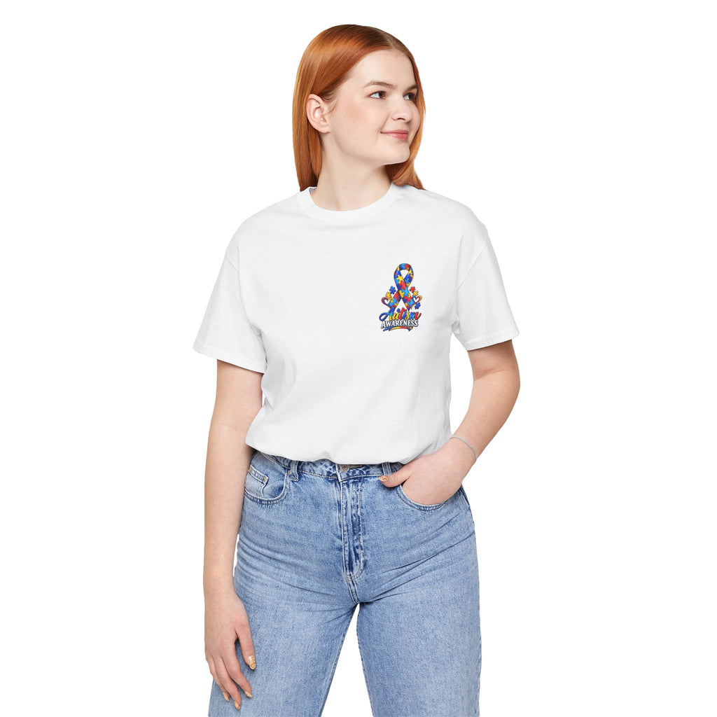 Autism Awareness Ribbon Chest Tee — 'Different, Not Less' Short Sleeve T-Shirt