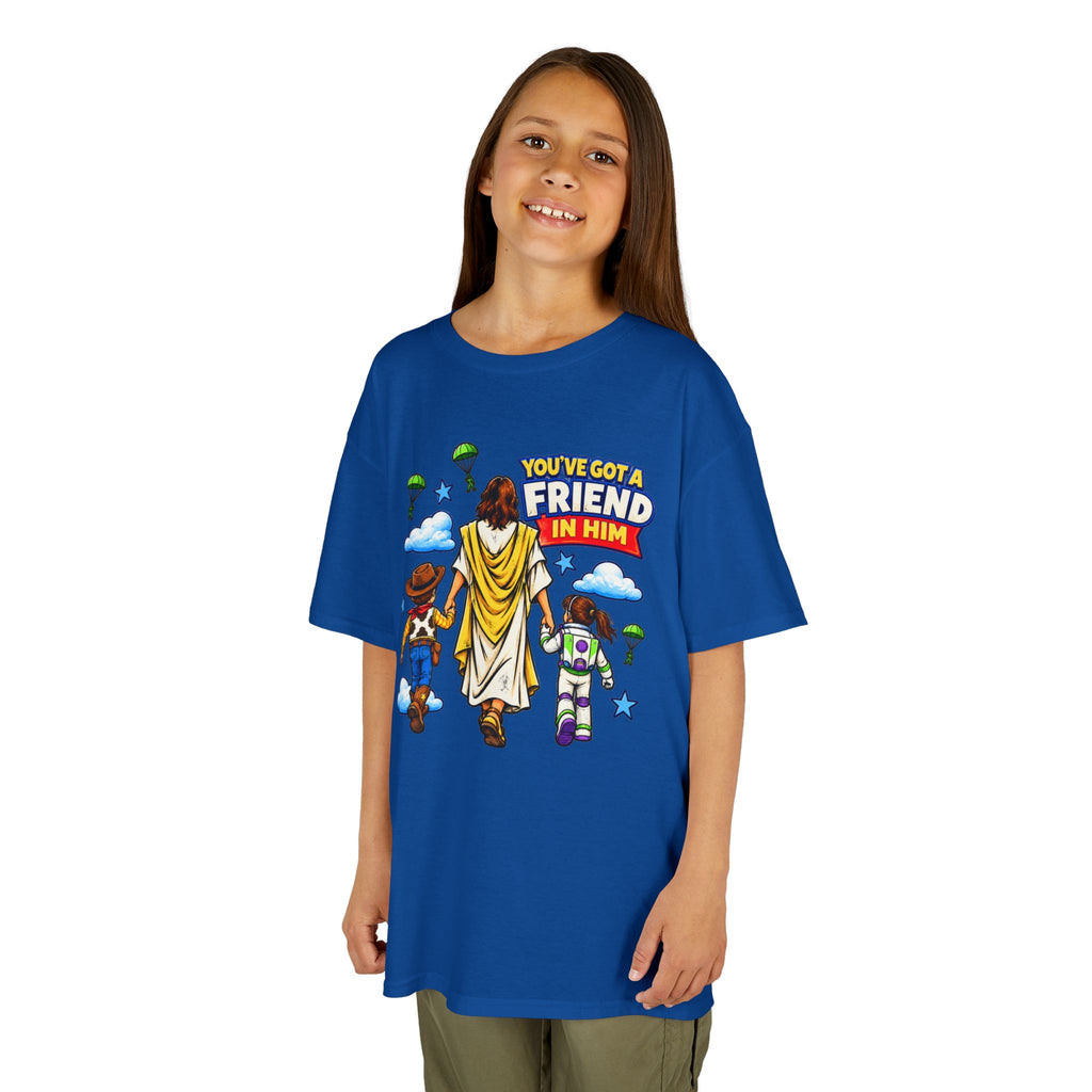 Kids Tee — "You've Gotta Friend in Him" Inspirational Jesus & Toy Friends Graphic