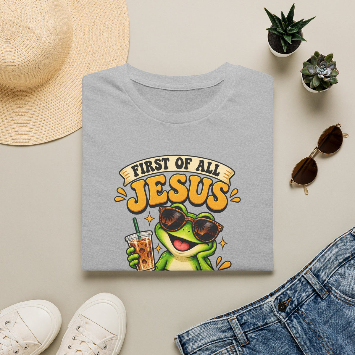 Jesus Frog T-Shirt — "First of All Jesus" Cute Frog Christian Tee