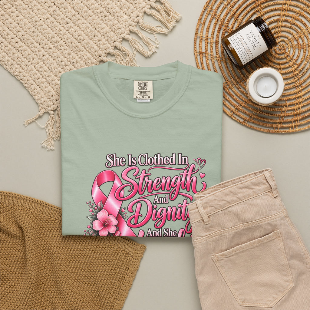 Breast Cancer Awareness T-Shirt — "She is Clothed in Strength" Pink Ribbon Tee