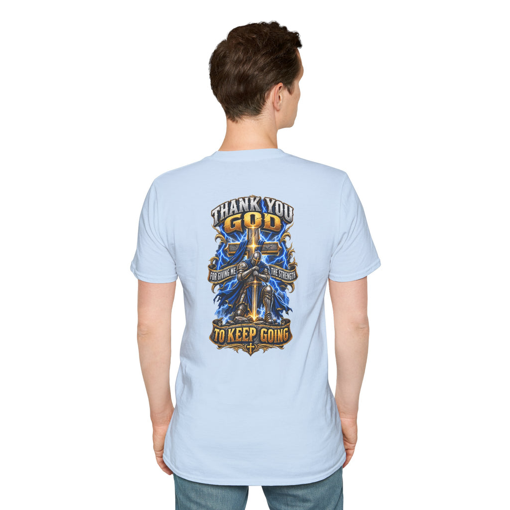 T-Shirt — "Thank You God I Keep Going" Faith Graphic Pocket Tee