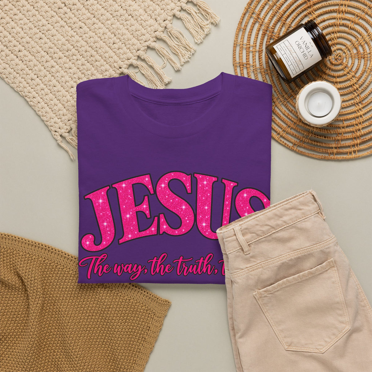 Christian T-Shirt — "JESUS The way, the truth, the life" (John 14:6) Pink Vintage Script