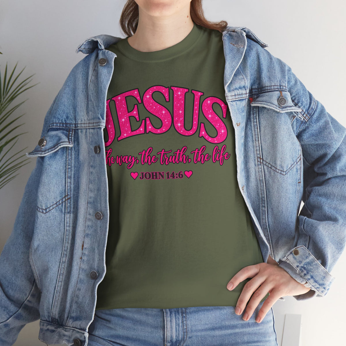 Christian T-Shirt — "JESUS The way, the truth, the life" (John 14:6) Pink Vintage Script