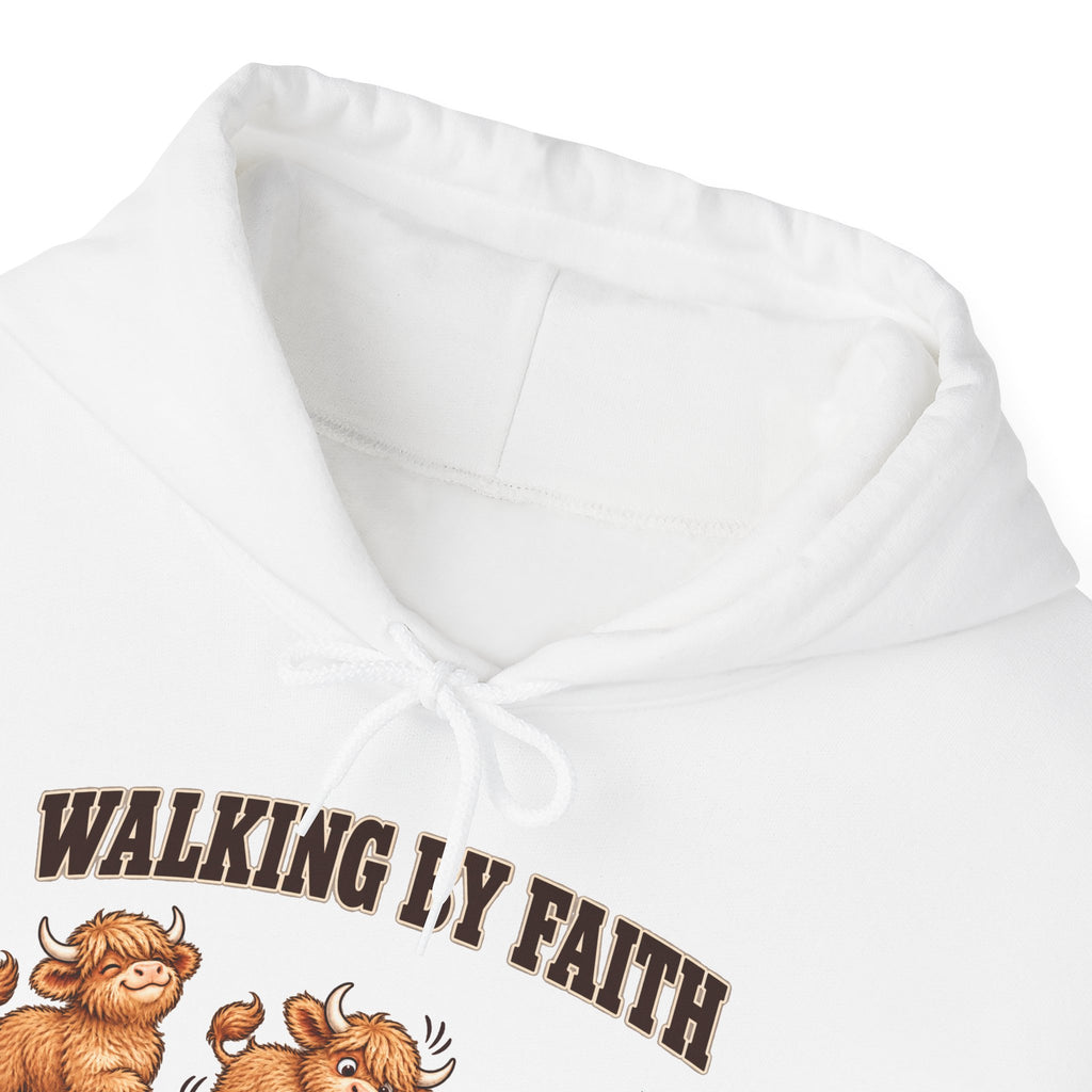 Walking by Faith Christian Highland Cow Hoodie