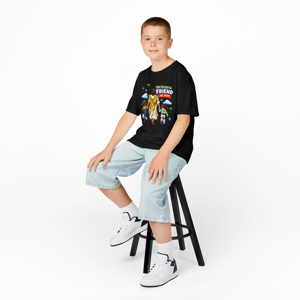 Kids Tee — "You've Gotta Friend in Him" Inspirational Jesus & Toy Friends Graphic