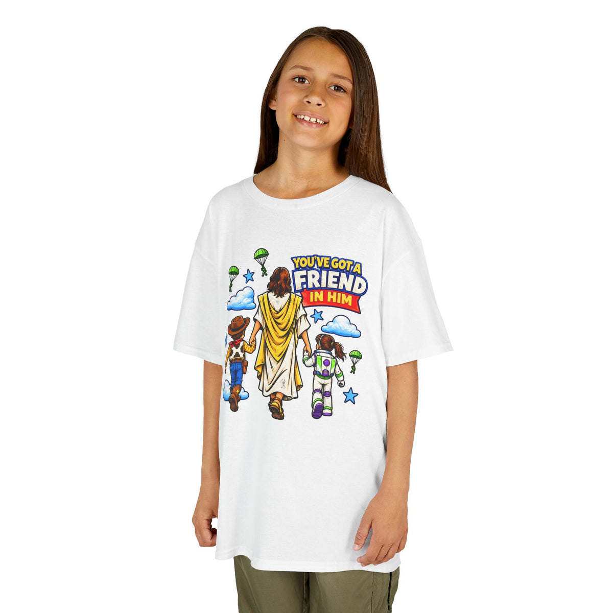 Kids Tee — "You've Gotta Friend in Him" Inspirational Jesus & Toy Friends Graphic