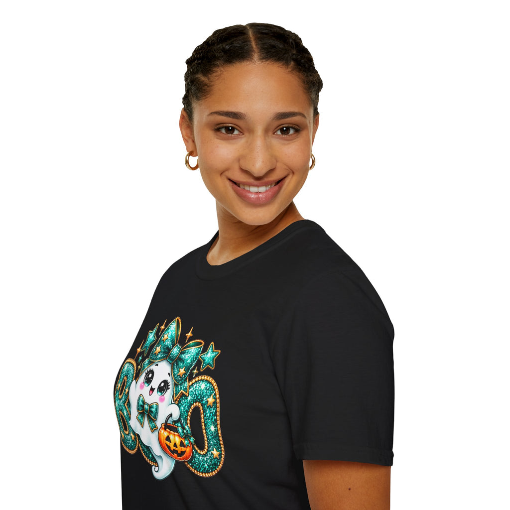 Boo Ghost Graphic T-Shirt — Cute Teal Glitter Halloween Tee