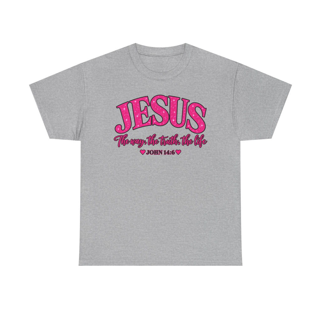 Christian T-Shirt — "JESUS The way, the truth, the life" (John 14:6) Pink Vintage Script