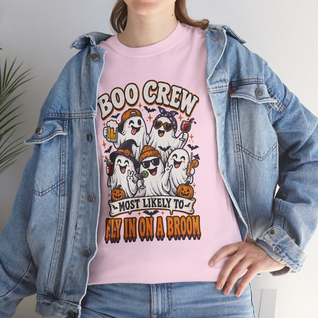 Boo Crew T-Shirt — “Most Likely to Fly on a Broom” Halloween Ghost Tee
