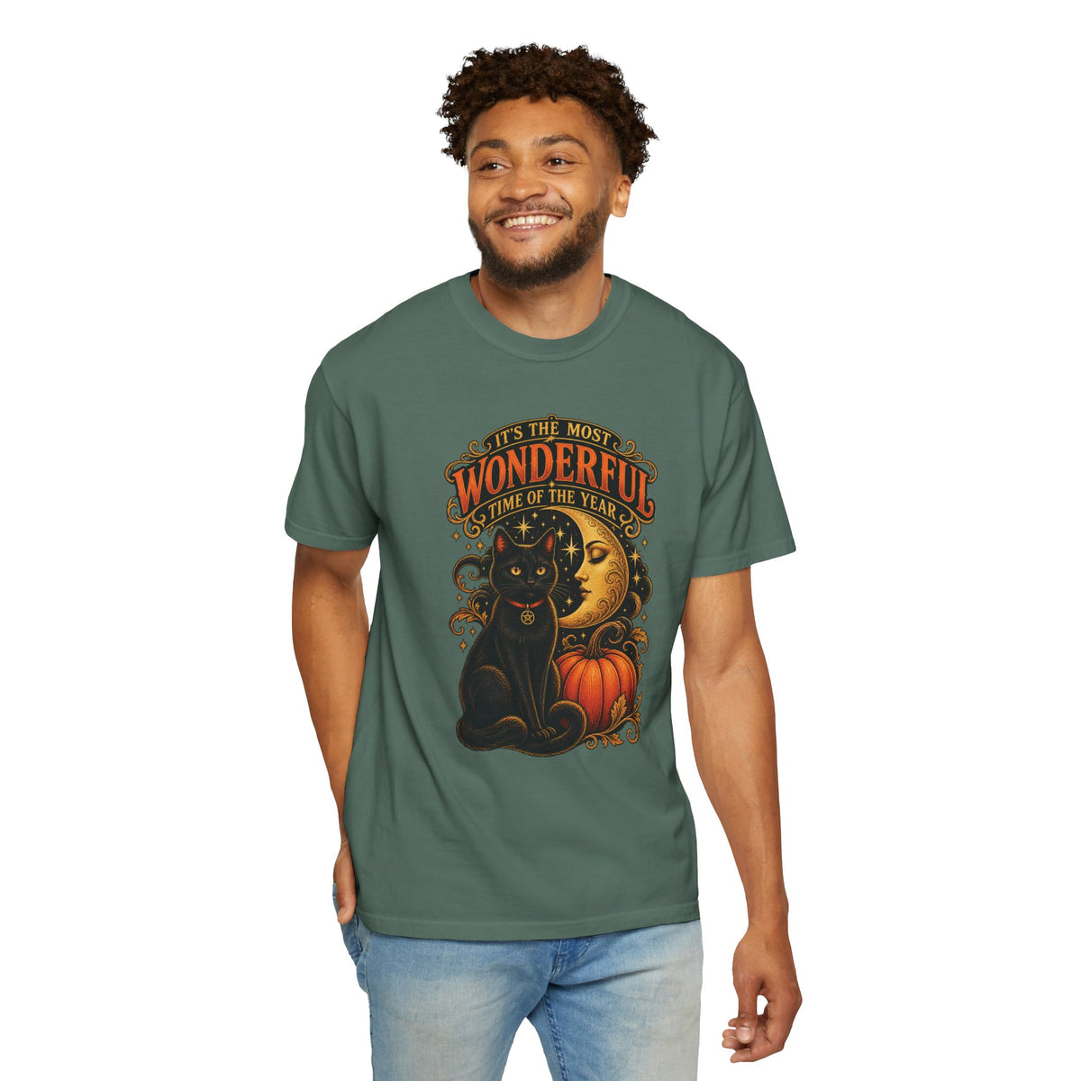 T-Shirt — "It's the Most Wonderful Time of the Year" Halloween Black Cat & Pumpkin