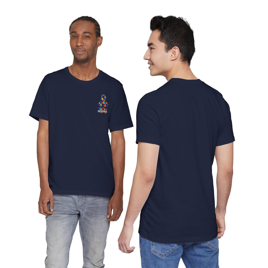 Autism Awareness Ribbon Chest Tee — 'Different, Not Less' Short Sleeve T-Shirt