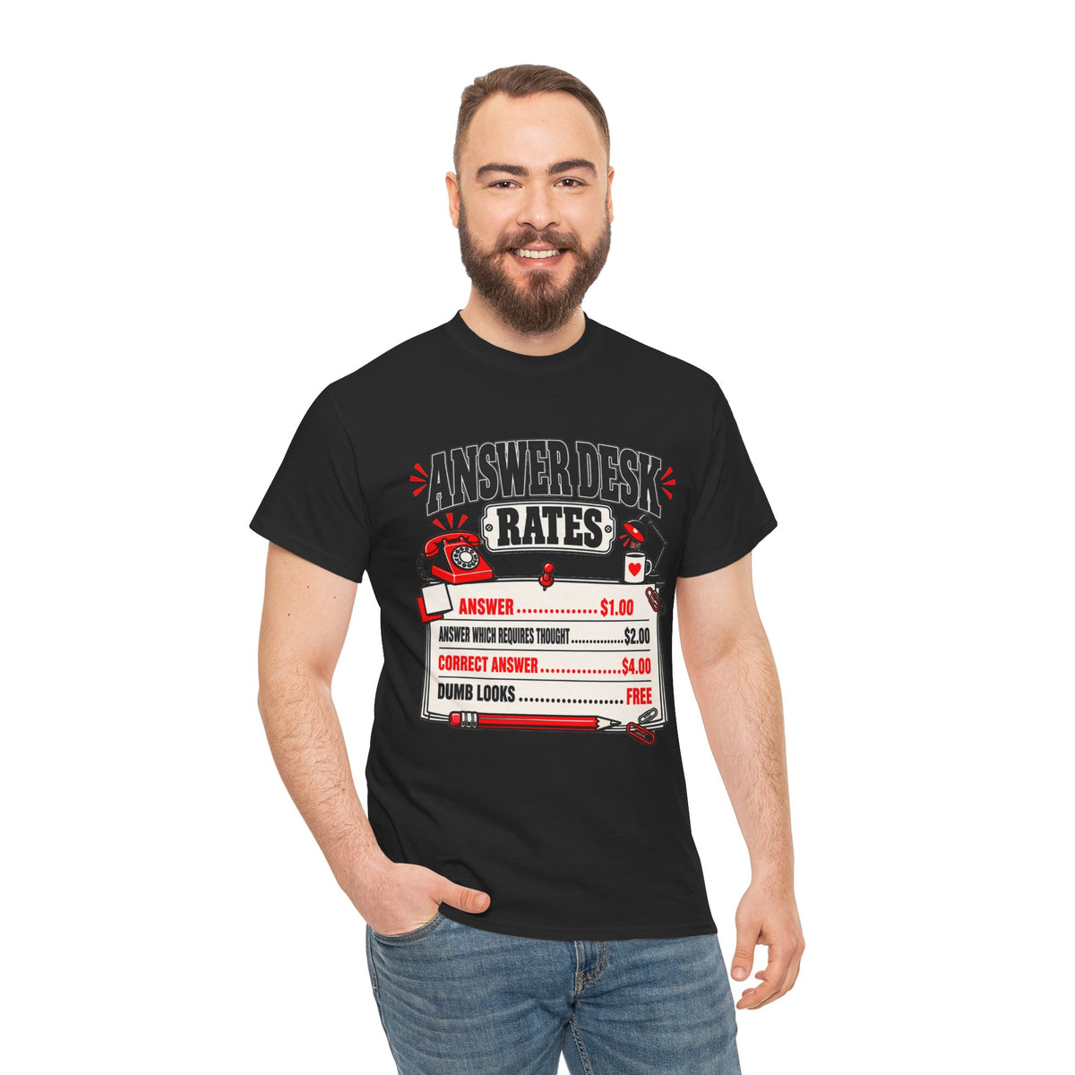 Answer Desk Rates T-Shirt — Funny Help Desk IT Support Tee ("Answer 1.00, Correct Answer 4.00")