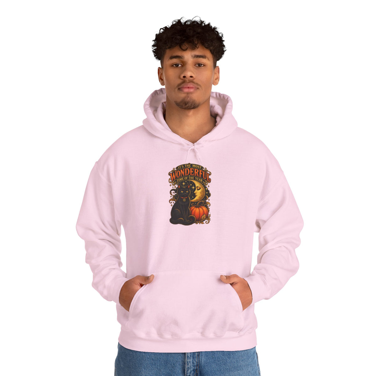 Halloween Black Cat Moon Hoodie – Vintage Pumpkin & Crescent Moon Fall Sweatshirt