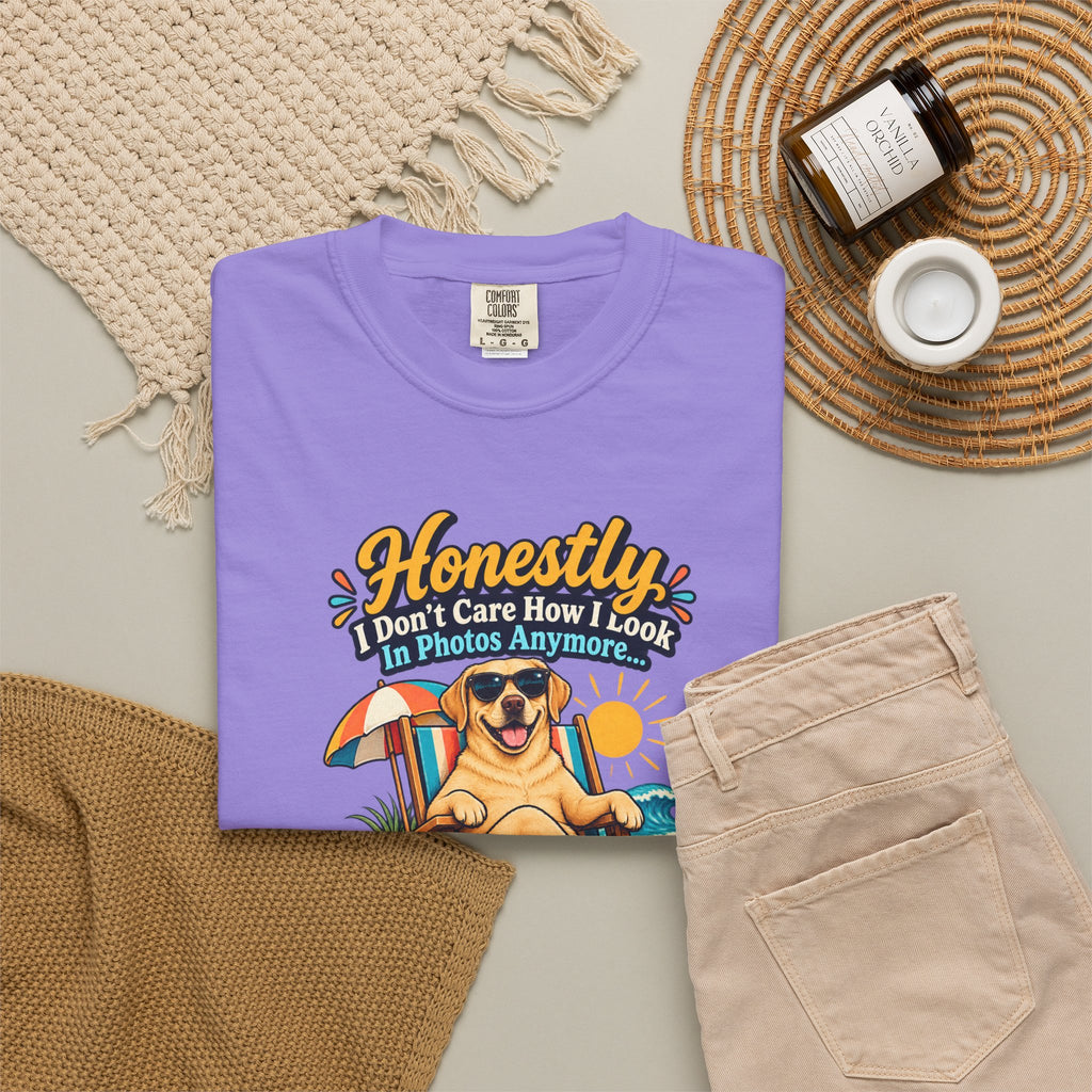 Honestly I Don’t Care How I Look In Photos Anymore T-Shirt — Funny Beach Dog Graphic Tee