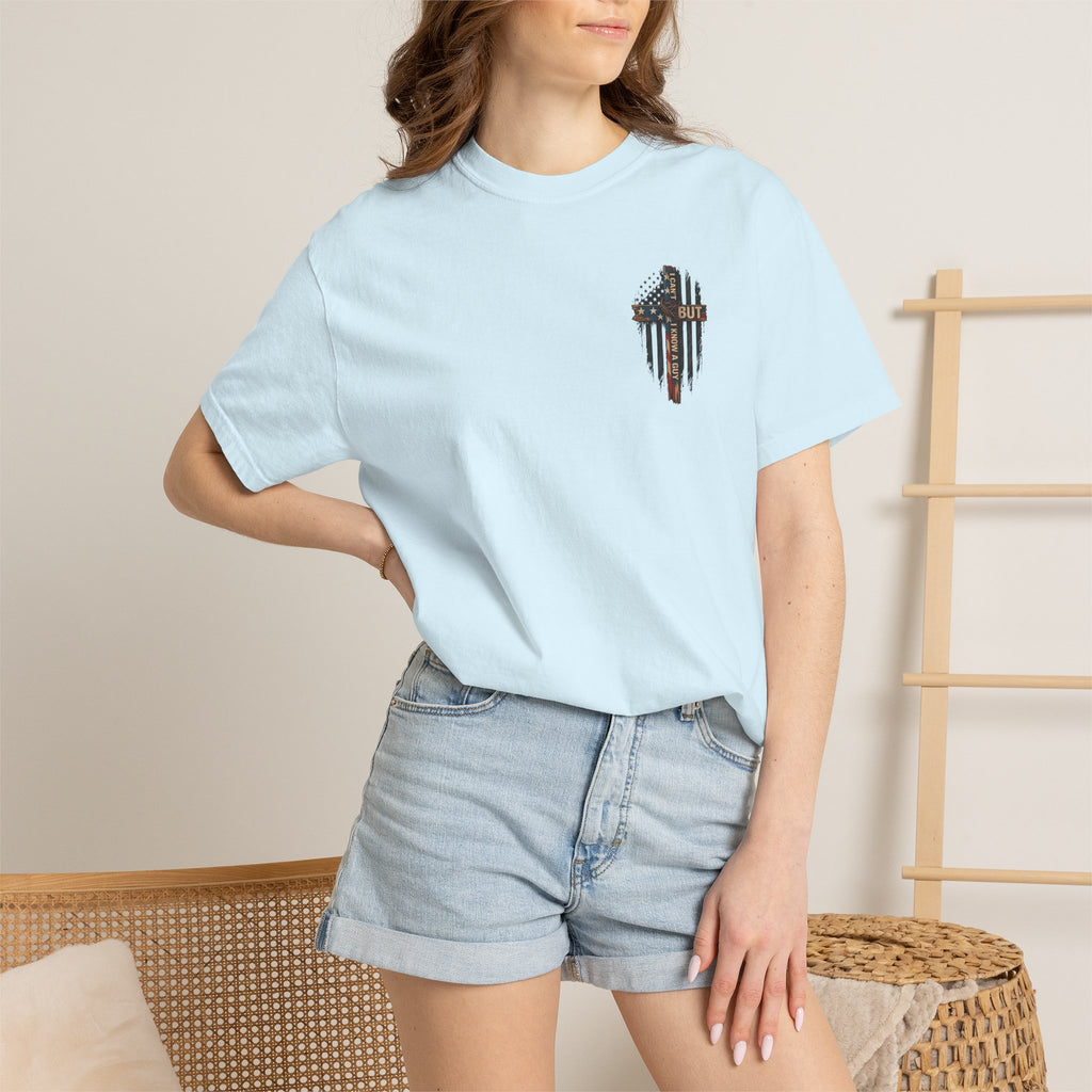T-Shirt — 'I Can't But I Know A Guy' American Flag Cross Graphic