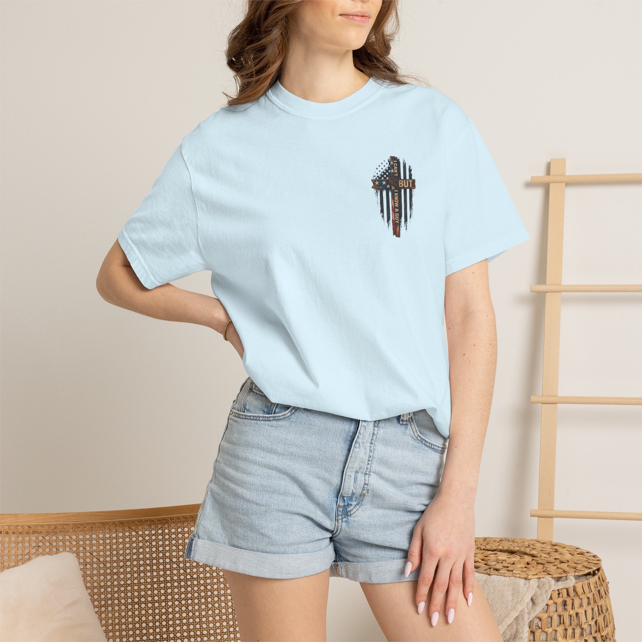 T-Shirt — 'I Can't But I Know A Guy' American Flag Cross Graphic